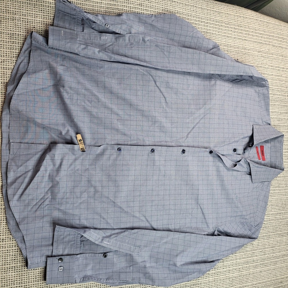 Hugo Boss Shirt Mens 16.5 Blue Check Slim Fit Dress Long Sleeve Spread Collar